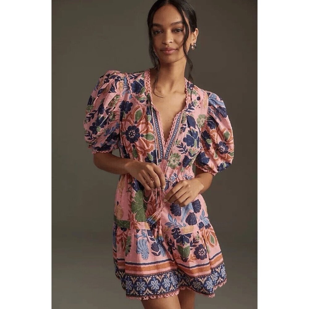 FARM RIO Seashell Tapestry Pink Mini Dress XL Organic Cotton Puff Sleeves Tassel